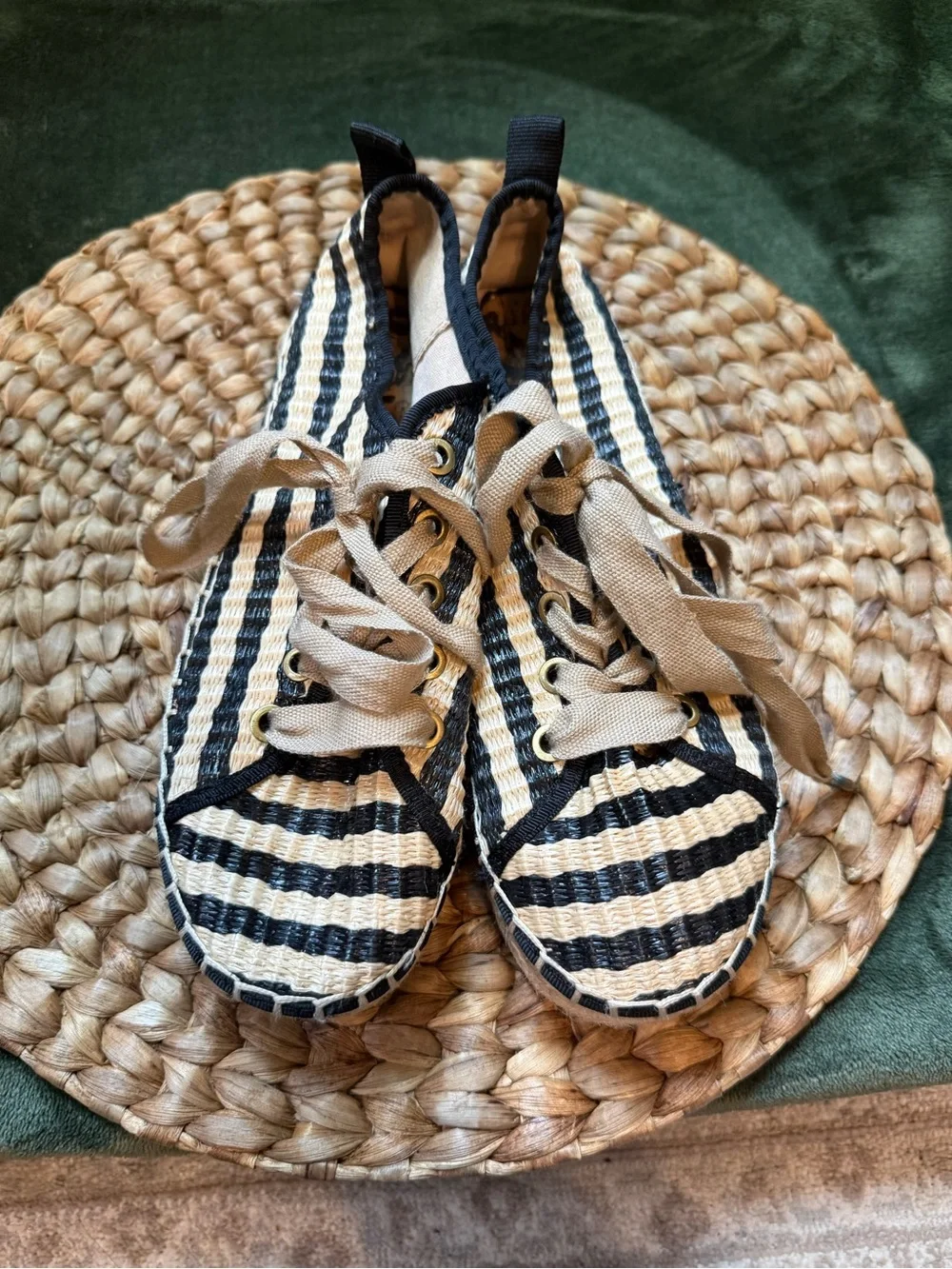Sam Edelman Black and Natural Striped Espadrille Lace-Up Sneakers